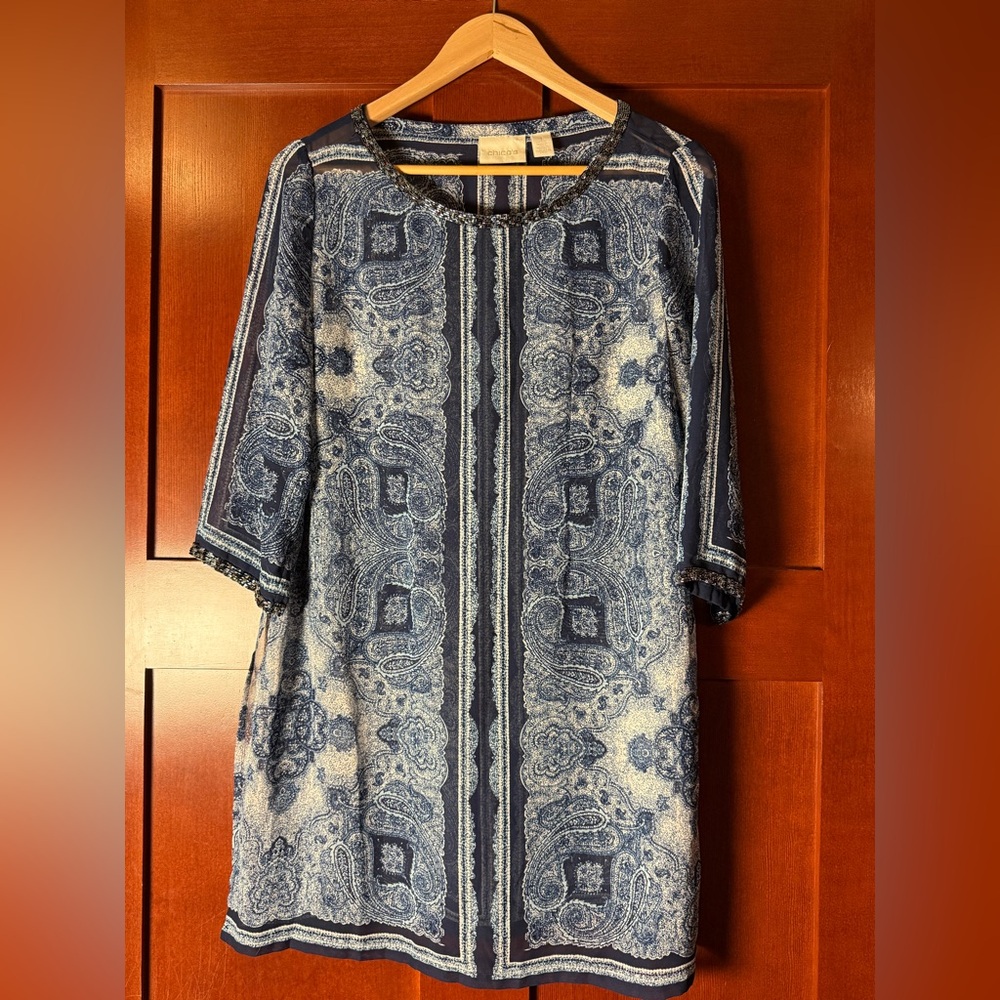 Chico's Petite Navy and White Paisley Tunic Top With Beading Size Medium